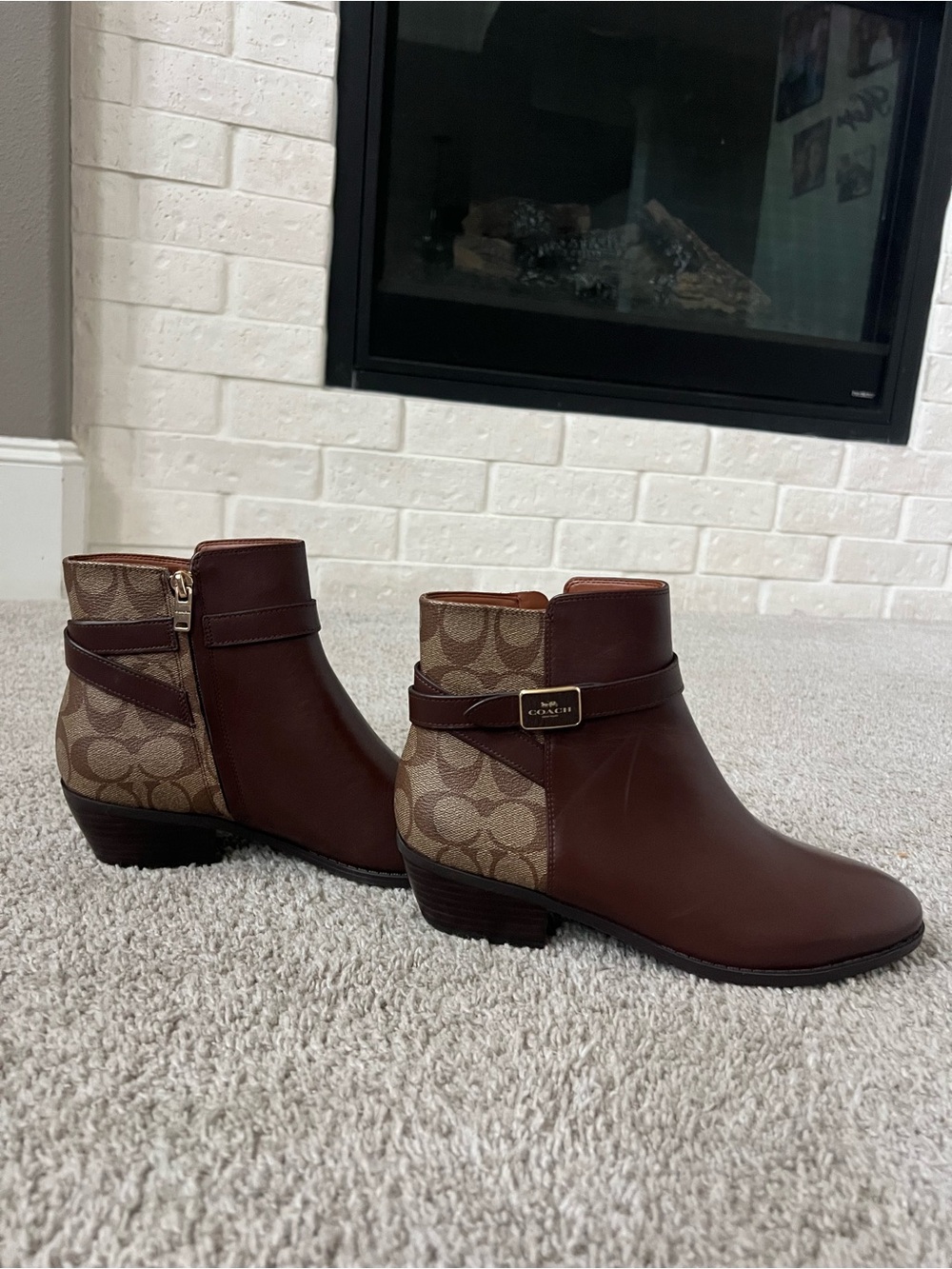 Coach Brown Leather & Signature Canvas Ankle Booties